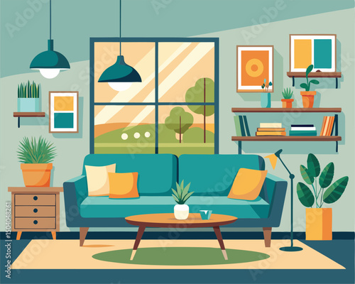 Modern Living Room Interior Design. Cozy Home Decor and Plants