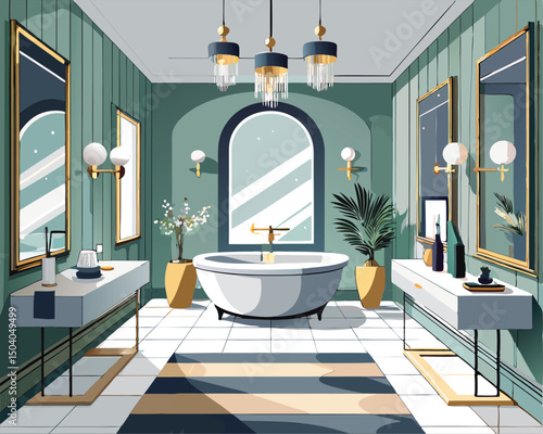 Modern Green Bathroom Design. Freestanding Tub and Elegant Decor