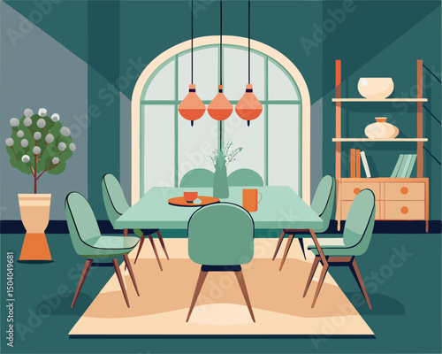 Modern Dining Room Interior Design. Green and Pastel Decor