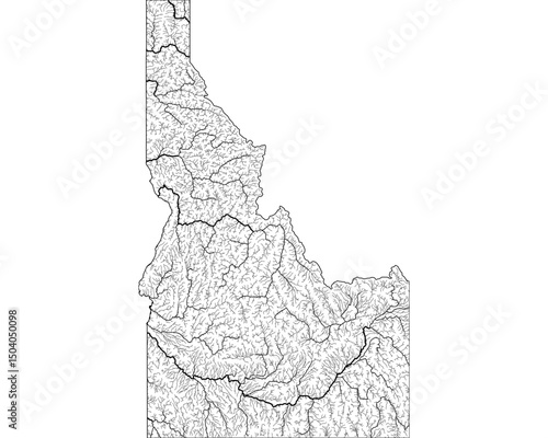 Idaho River Map - Detailed Hydrographic Network & Waterways | Minimalist Vector Art, Black on Transparent with State Outline | GIS & Cartography Stock Image