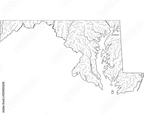 Maryland River Map - Detailed Hydrographic Network & Waterways | Minimalist Vector Art, Black on Transparent with State Outline | GIS & Cartography Stock Image