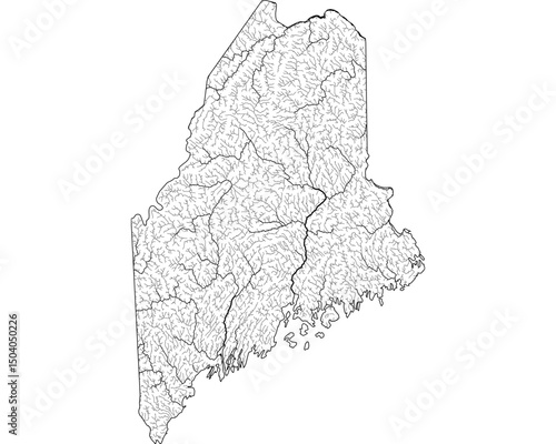 Maine River Map - Detailed Hydrographic Network & Waterways | Minimalist Vector Art, Black on Transparent with State Outline | GIS & Cartography Stock Image