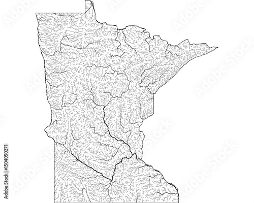 Minnesota River Map - Detailed Hydrographic Network & Waterways | Minimalist Vector Art, Black on Transparent with State Outline | GIS & Cartography Stock Image