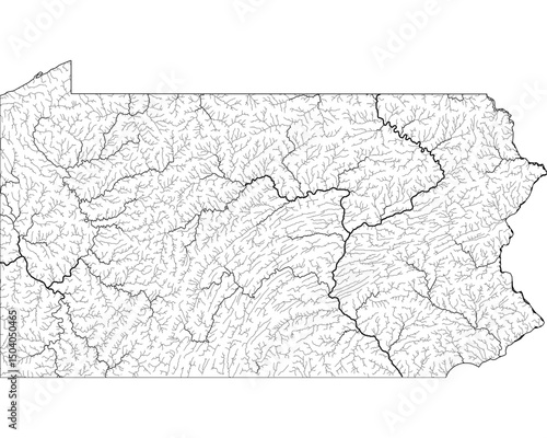 Pennsylvania River Map - Detailed Hydrographic Network & Waterways | Minimalist Vector Art, Black on Transparent with State Outline | GIS & Cartography Stock Image