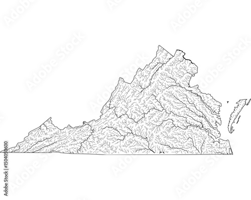 Virginia River Map - Detailed Hydrographic Network & Waterways | Minimalist Vector Art, Black on Transparent with State Outline | GIS & Cartography Stock Image