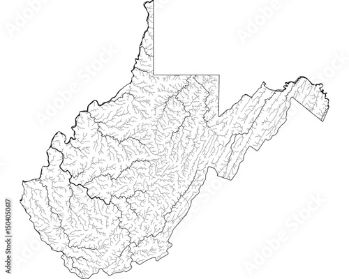 West Virginia River Map - Detailed Hydrographic Network & Waterways | Minimalist Vector Art, Black on Transparent with State Outline | GIS & Cartography Stock Image