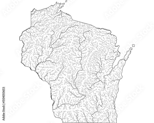 Wisconsin River Map - Detailed Hydrographic Network & Waterways | Minimalist Vector Art, Black on Transparent with State Outline | GIS & Cartography Stock Image