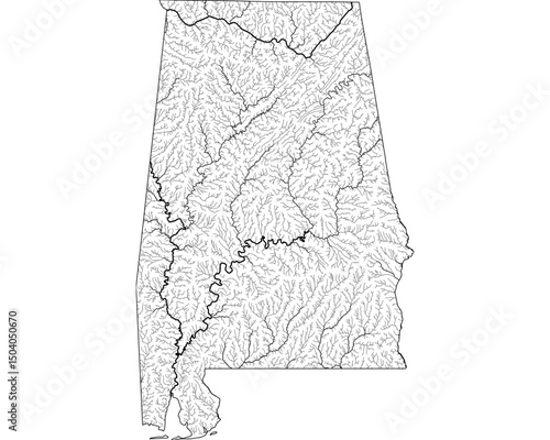Alabama River Map - Detailed Hydrographic Network & Waterways | Minimalist Vector Art, Black on Transparent with State Outline | GIS & Cartography Stock Image