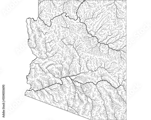 Arizona River Map - Detailed Hydrographic Network & Waterways | Minimalist Vector Art, Black on Transparent with State Outline | GIS & Cartography Stock Image