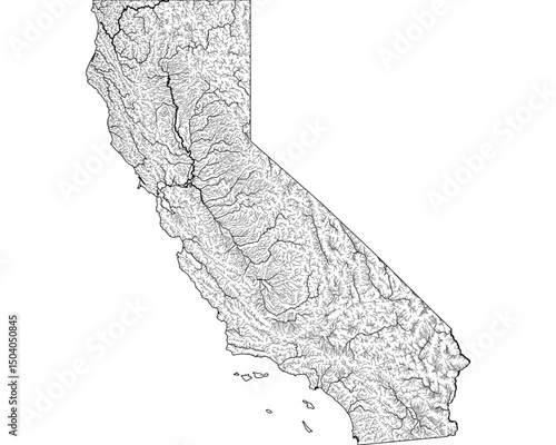Minimalist River Map of California, USA: Detailed Hydrographic Network & Waterways. Black Lines on Transparent Background with State Outline. Vector Art for GIS, Cartography, Education, Design & Stock
