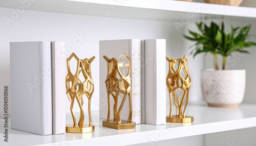Gold Giraffe Bookends On White Shelves