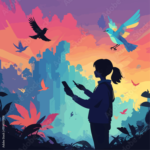 Digital Detox Silhouette Vector – Person Letting Go of Pixelated Phone, Reaching Toward Nature