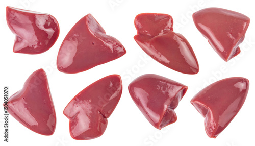 Fresh chicken liver slices falling on transparent background
