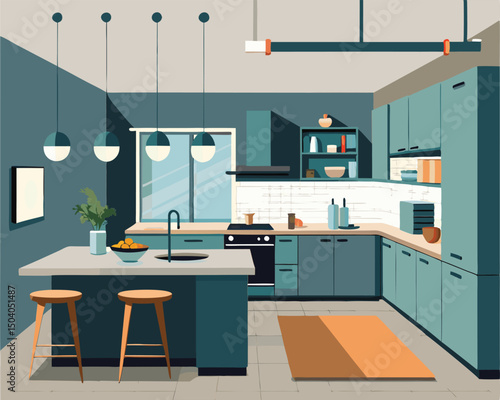Modern Teal Kitchen Design. Island. Cabinets. and Decor