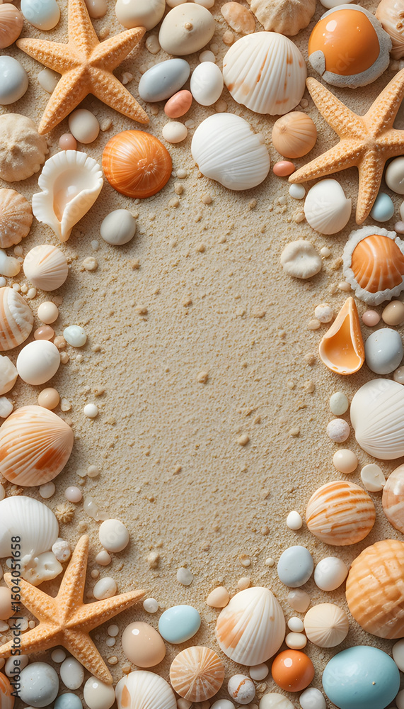 Obraz premium photo of assorted seashells, starfish, and smooth pebbles arranged on a sandy surface