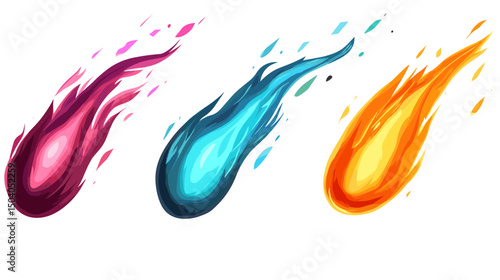 Three Colorful Pixel Art Fireballs with Orange Blue and Purple on a White Background