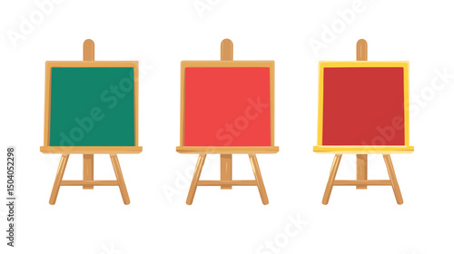 Three Colorful Square Art Easels in Green Red and Yellow on White Background
