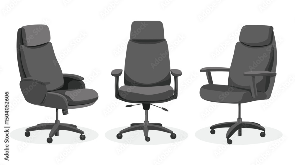 Three Gray Office Chairs in Different Angles on White Background Three Gray Office Chairs in Different Angles on White Background