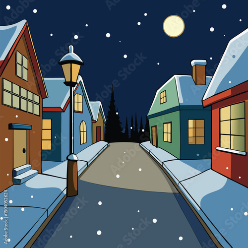 Cozy Winter Village Night Scene. Snowy Houses and Moonlit Street