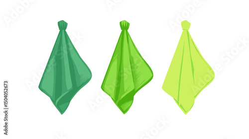 Three Hanging Greenish Gradient Cotton Towels in a Row on White Background