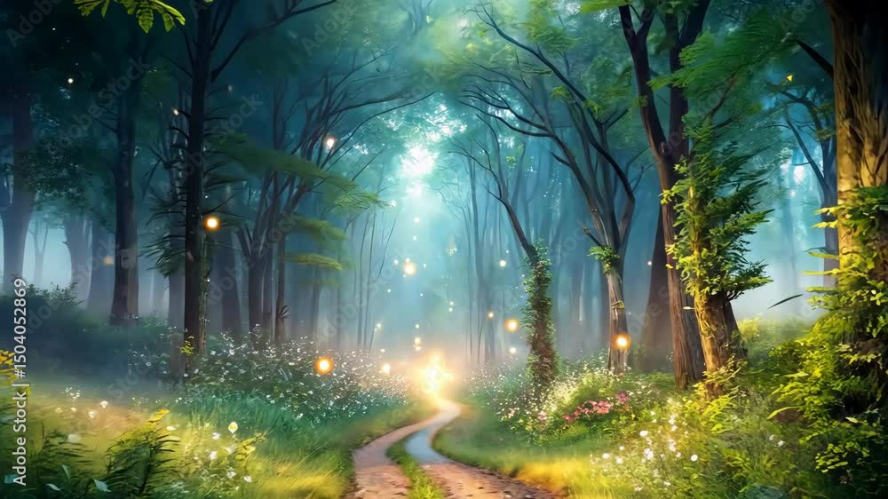Magical forest path with glowing lights and fireflies at twilight Magical forest path with glowing lights and fireflies at twilight