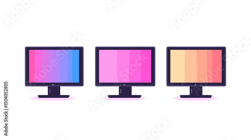 Three Monitors with Gradient Screens in Blue Pink and Yellow on White Background