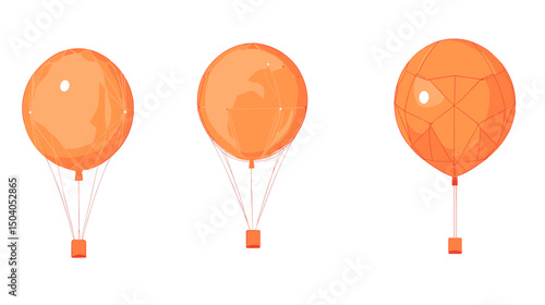 Three Orange Pixel Art Hot Air Balloons Ascending with Baskets on Strings in a White Background