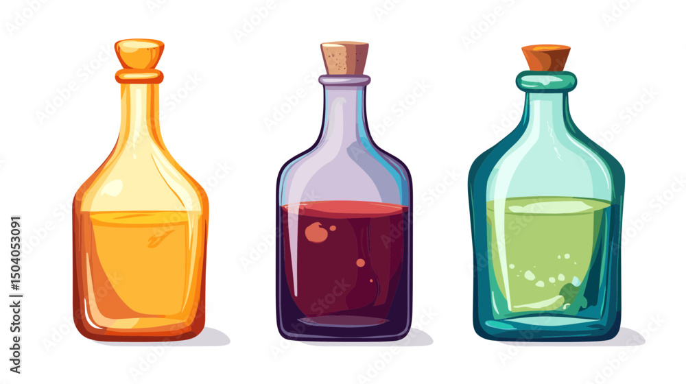 Three Pixel Art Glass Bottles Containing Yellow Red and Green Potions on White Background Three Pixel Art Glass Bottles Containing Yellow Red and Green Potions on White Background