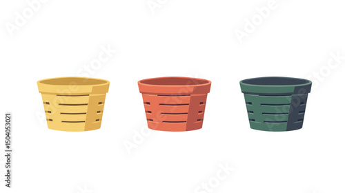 Three Pixel Art Baskets in Yellow Red and Green Isolated on White Background