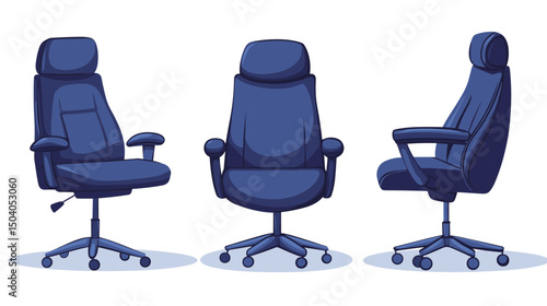 Three Pixel Art Blue Office Chairs Isolated on White Background in Front and Side View