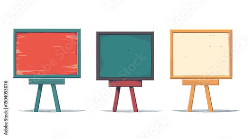 Three Pixel Art Boards with Red Green and White Surfaces on Individual Easels for Display and Presentation