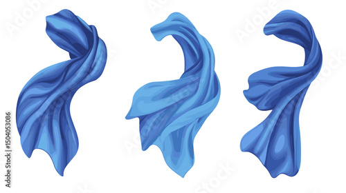 Three Pixel Art Illustrations of Flowing Blue Fabric with Various Draping Styles and Wave Patterns on a Clean White Background