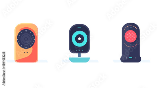 Three Pixel Art Style Security Cameras in Orange Dark Blue and Dark Violet on White Background