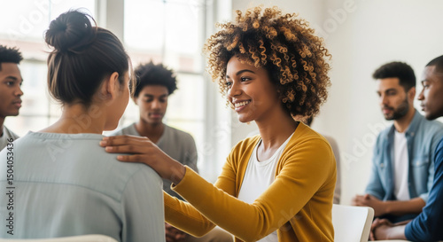 Supportive group therapy session with diverse young adults. A woman offers comfort and encouragement, symbolizing empathy, connection, and emotional healing.