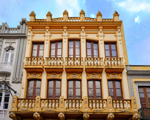 Colorful Modernist Facade with Ornate Balconies in Las Palmas de Gran Canaria