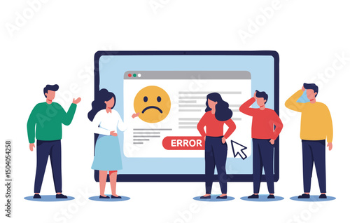 Vector flat illustration business website error troubleshooting and problem-solving team collaboration for online technical difficulties,  customer support and user experience issues.