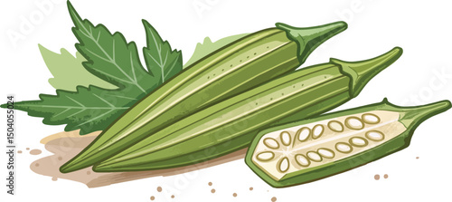 Ladies Finger Vegetable Illustration with Natural Green Background Design for Food Concepts