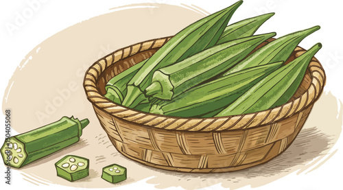 Ladies Finger Okra Vegetable in Wicker Basket on Natural Background Illustration