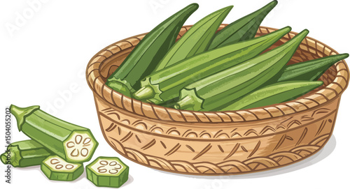 Ladies Fingers in a Wicker Basket on a White Background Design