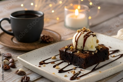 Decadent Chocolate Brownie with Vanilla Ice Cream and Chocolate Drizzle