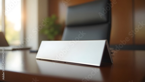 A blank name plate  office sign positioned on a desk, likely providing guidance or details for employees or visitors.