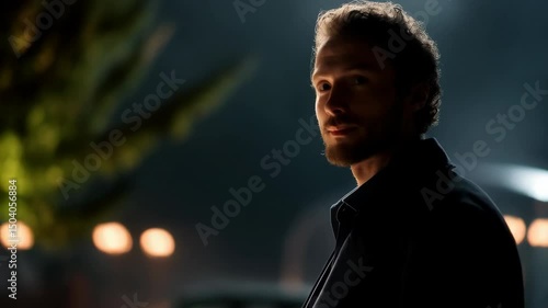 Portrait of fair-haired man with a beard wearing a dark coat in a dimly lit outdoor location at night with car and tunnel