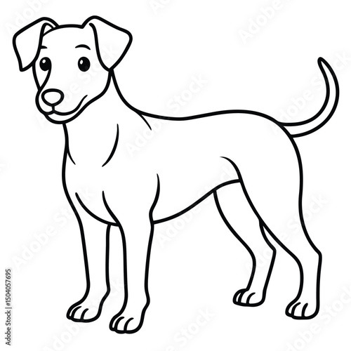 Stylized cartoon dog with outlined contour stands calmly on a plain white background