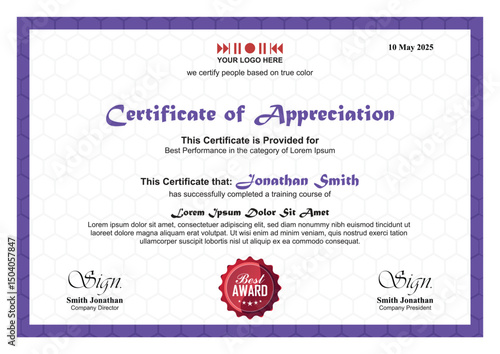 Award Certificate for Best Performance in Educational or Professional Settings