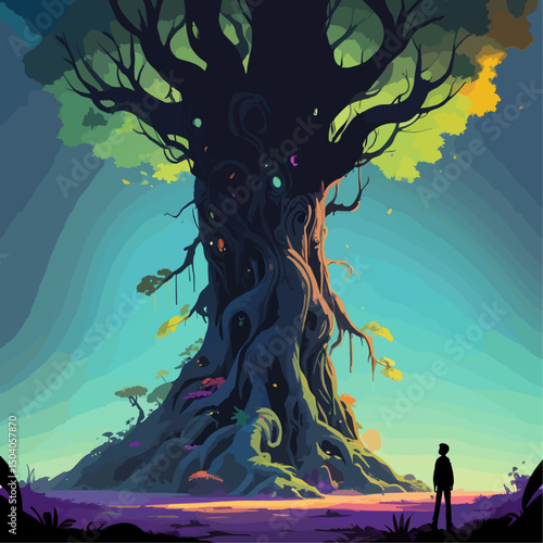 Silhouette of a standing person whose feet grow into roots