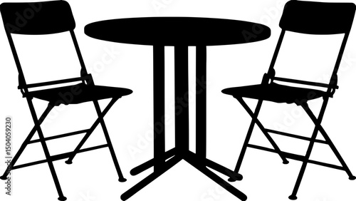 A top-down, black and white silhouette showing a minimalist outdoor café setup with a round table and two wire-frame chairs, slightly askew for an informal layout.