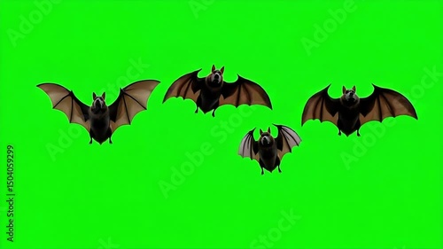 four bats in flight against a green screen background perfect for halloween compositions or fantasy film projects

