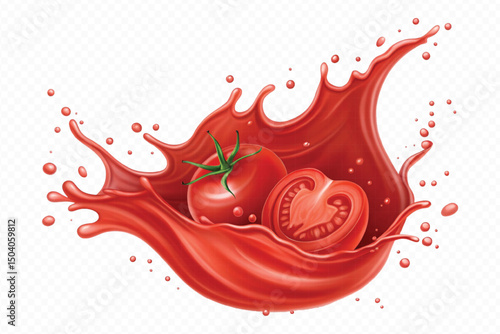 realistic 3d fresh tomato red juice or ketchup sauce splashes in different style isolated on transparent background