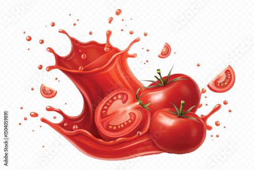 realistic 3d fresh tomato red juice or ketchup sauce splashes in different style isolated on transparent background