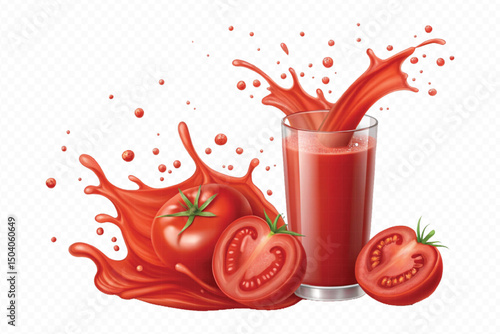 realistic 3d fresh tomato red juice or ketchup sauce splashes in different style isolated on transparent background